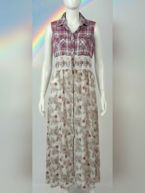 Upcycled Sleeveless Mixed-Print Maxi Shacket Dress in Pink and Cream